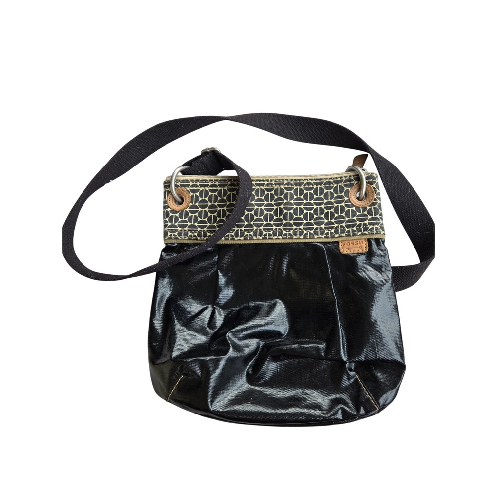 Fossil Key-Per Crossbody Bag Black Coated Canvas Geometric Print Messenger